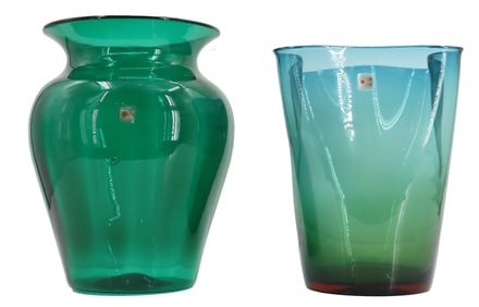 (2) American Blenko Art Glass Green Vases