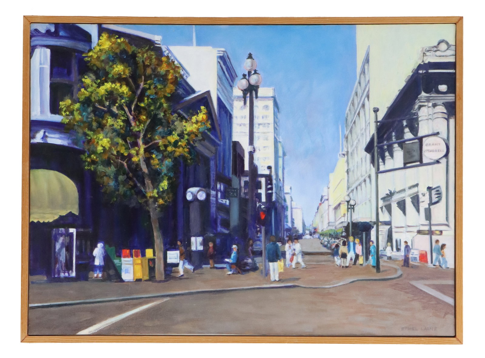 Ethel Laine (1924-2024) American, Oil on Canvas Painting of a San Francisco Street Scene: Ethel Laine (1924-2024) American, Oil on Canvas Painting of a San Francisco Street Scene. Signed lower right. Grant at O'Farrell Street near Union Square. Laine was a California artist who worked 