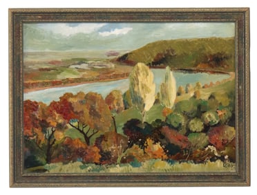 1920's Oil on Board Panoramic Impressionist Fall Landscape