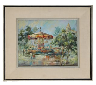 Jeane Kluga (Born 1928) American, Oil on Board, Children Riding on a Carousel in a Park"