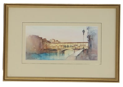 Signed Original Watercolor of the Ponte Vecchio in Florence, Italy
