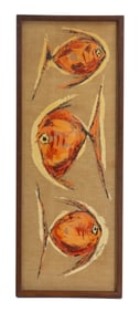 Vintage Mid-Century Oil on Canvas Painting of Three Fish