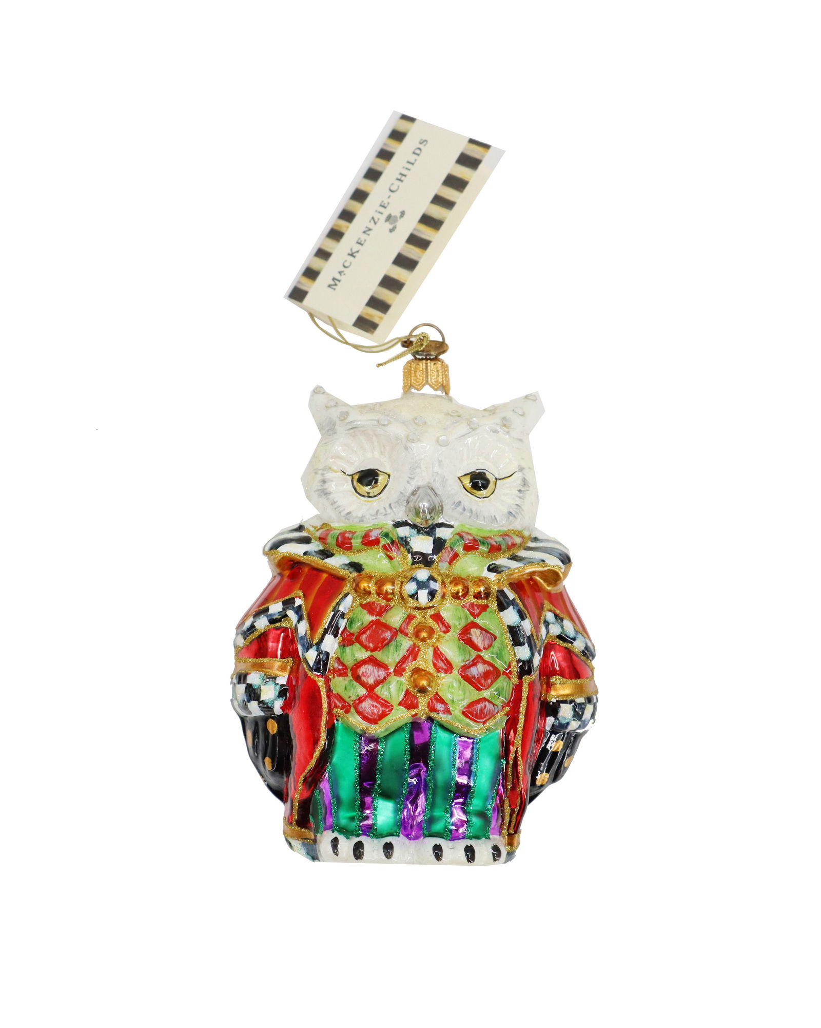 Mackenzie-Childs Whimsical Owl Glass Christmas Ornament With Original Tag and Box: Mackenzie-Childs Whimsical Owl Glass Christmas Ornament With Original Tag and Box. The owl has white feathers but the main body is covered by an elaborately colored jester's or Carnivale outfit. T