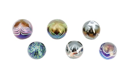 (5) W.E. Porter Swirl Pattern and (1) Zephyr Studios Iridescent Art Glass Paperweights