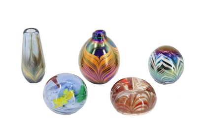 W.E. Porter Signed and Dated (2) Art Glass Vases and (3) Paperweights