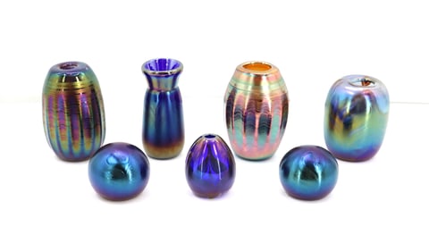 (7) W.E. Porter Signed and Dated Iridescent Studio Art Glass Vases and Orbs