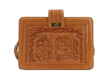 Mexican Folk Art Hand Tooled Leather Shoulder Bag