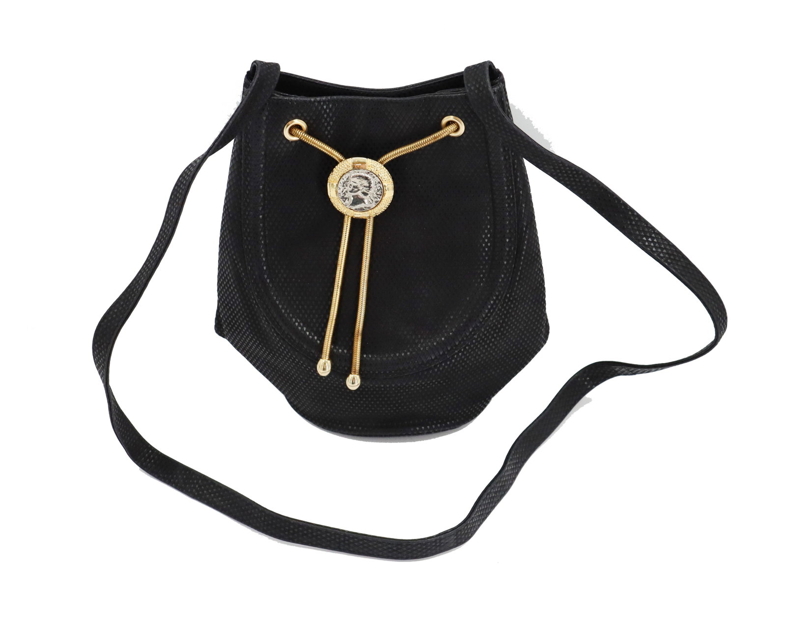Rodo Italian Black and Gold Metal Medallion Purse: Rodo Italian Black and Gold Metal Medallion Purse. Textured fabric. Gold toned metal medallion. Drawstring top. Size: 9 x 4 1/2 x 10 in. Length With Strap: 31 in. RODO is