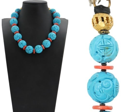 Masha Archer Jadeite Necklace: Masha Archer Jadeite Necklace. Name on tag near clasp. San Francisco. Carved bright blue jadeite rounded beads. Length: 21 in. 