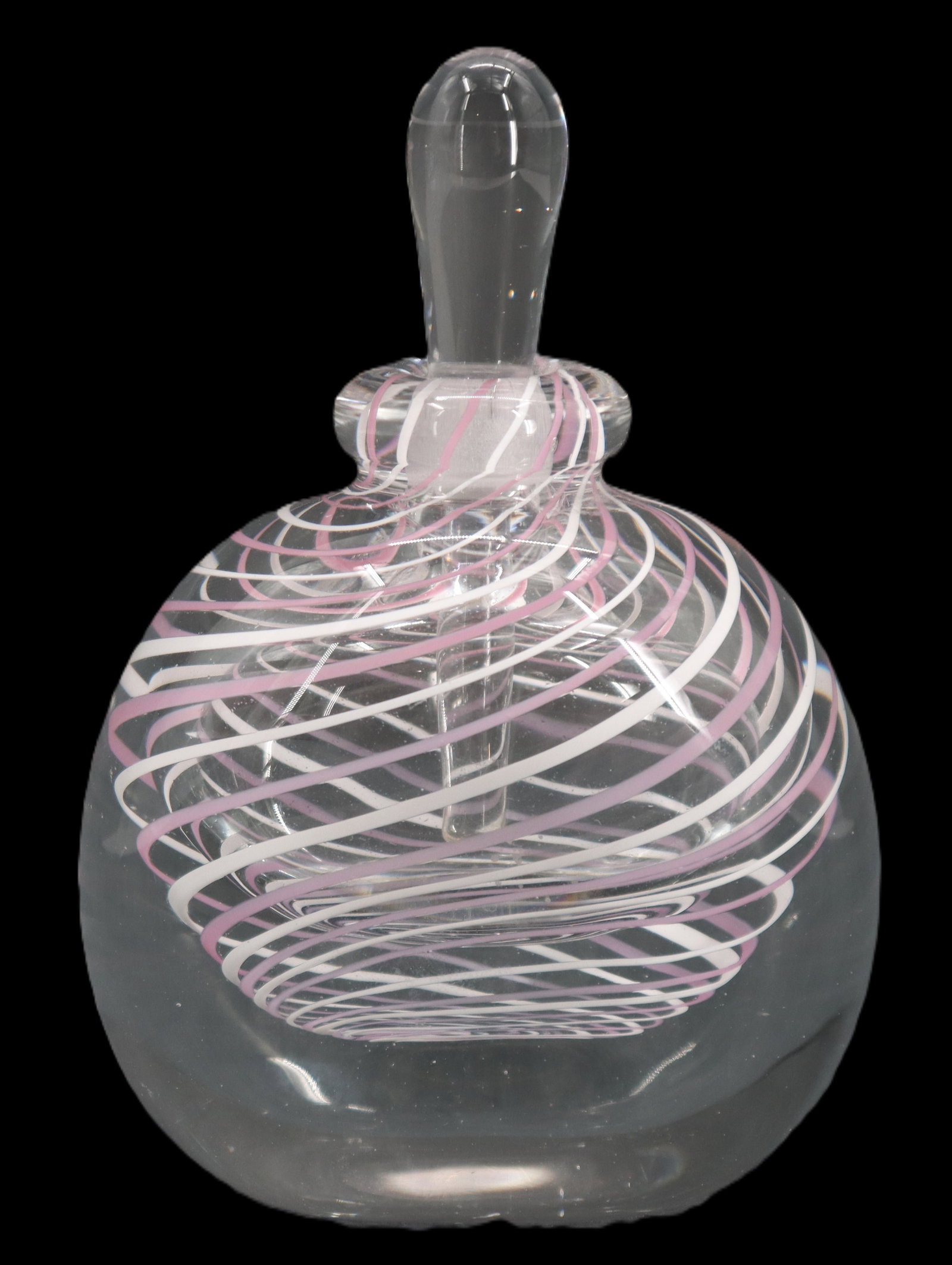 Signed European Art Glass Perfume Bottle: Signed European Art Glass Perfume Bottle. Style is decorated with a swirlling white and pink design. Appears to read Binditti, but with all etched glass it is hard to read each letter. Size