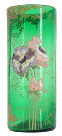 Antique Grands Magasins du Louvre Art Deco Enameled Emerald Glass Vase