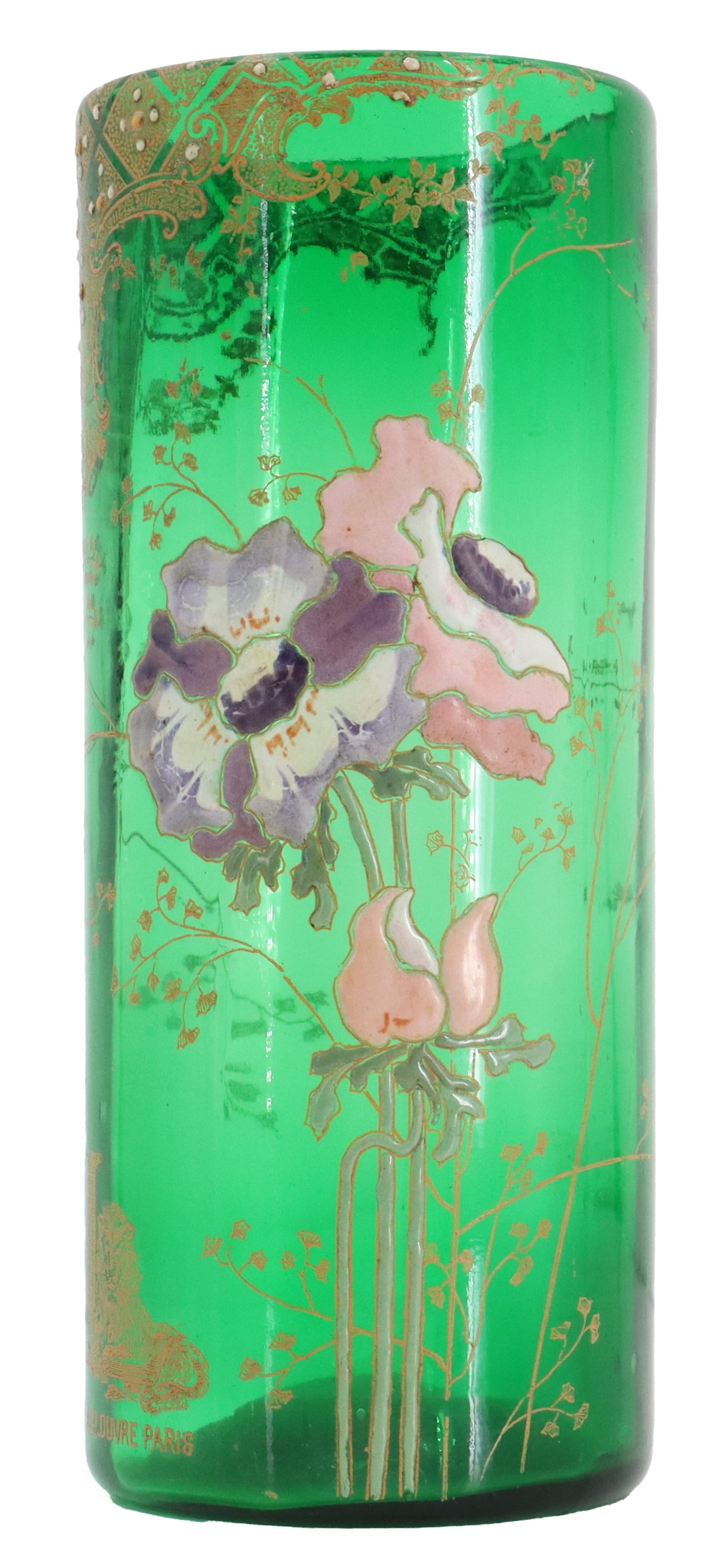 Antique Grands Magasins du Louvre Art Deco Enameled Emerald Glass Vase: Antique Grands Magasins du Louvre Art Deco Enameled Emerald Glass Vase. Antique glass vase purchased from the Grands Margasins du Louvre department store of Paris, France, with art deco gilt ornamenta