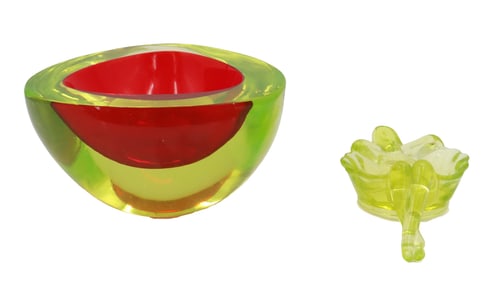 (2) Uranium Glass Items - Glass Figural Ashtray, Murano Style Bowl With Red Glass Insert