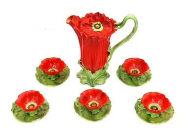 (11) Vintage Royal Bayreuth Red Poppy Porcelain Tea Set - Pitcher, Cups, Saucers