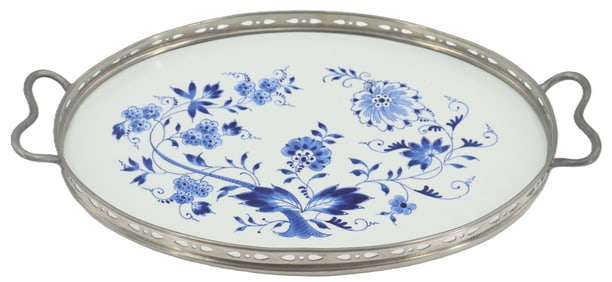 Dutch Royal Delft Blue and White Porcelain and Pewter Serving Tray