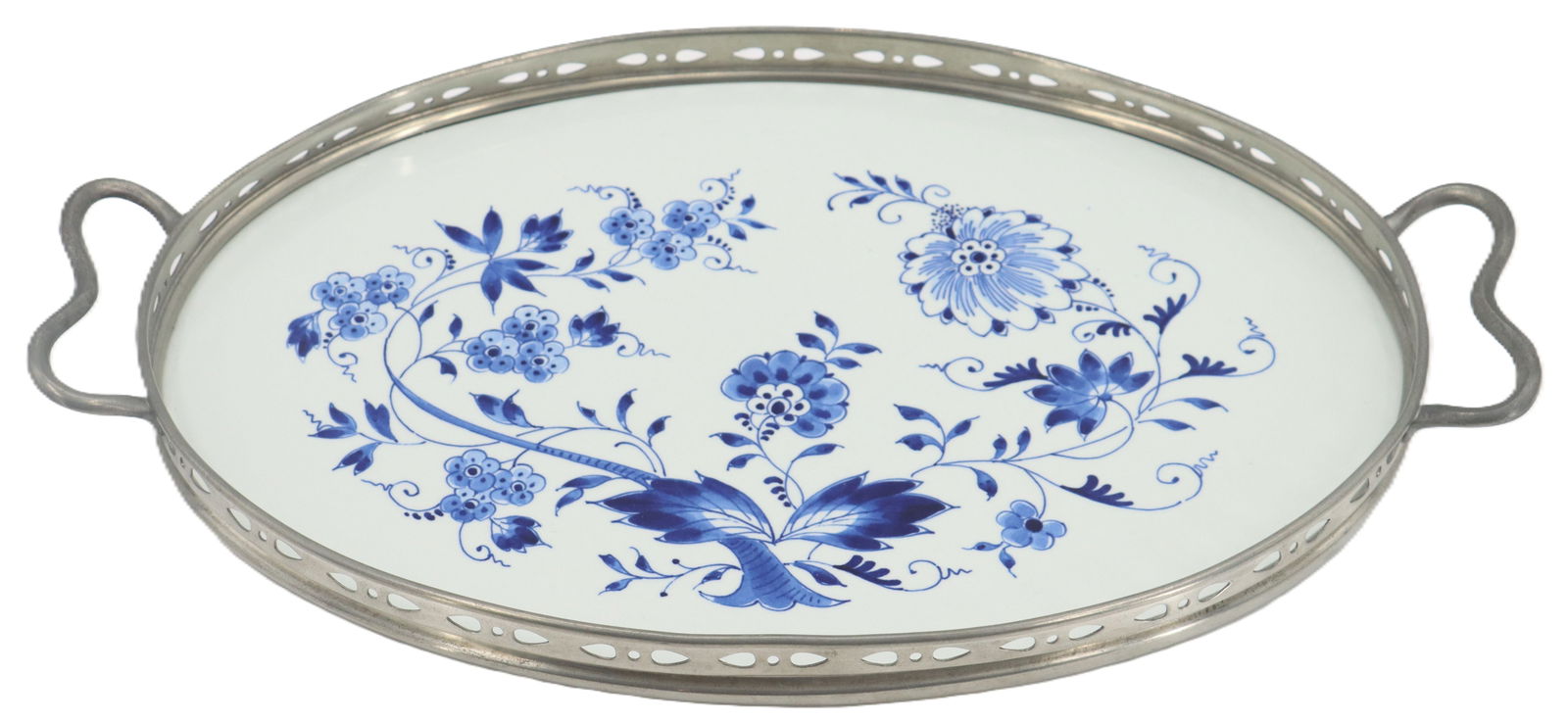 Dutch Royal Delft Blue and White Porcelain and Pewter Serving Tray (1 of 17)