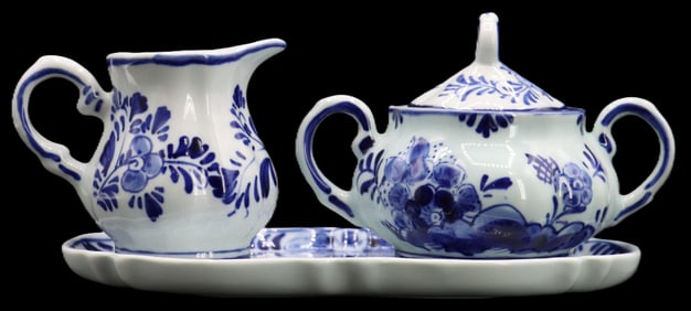 (3) Piece Dutch Delftware Hand Painted Porcelain Tea Set