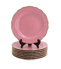 (8) Anna Weatherly Hand Painted Pink Charger Plates with Gilt Scalloped Edges