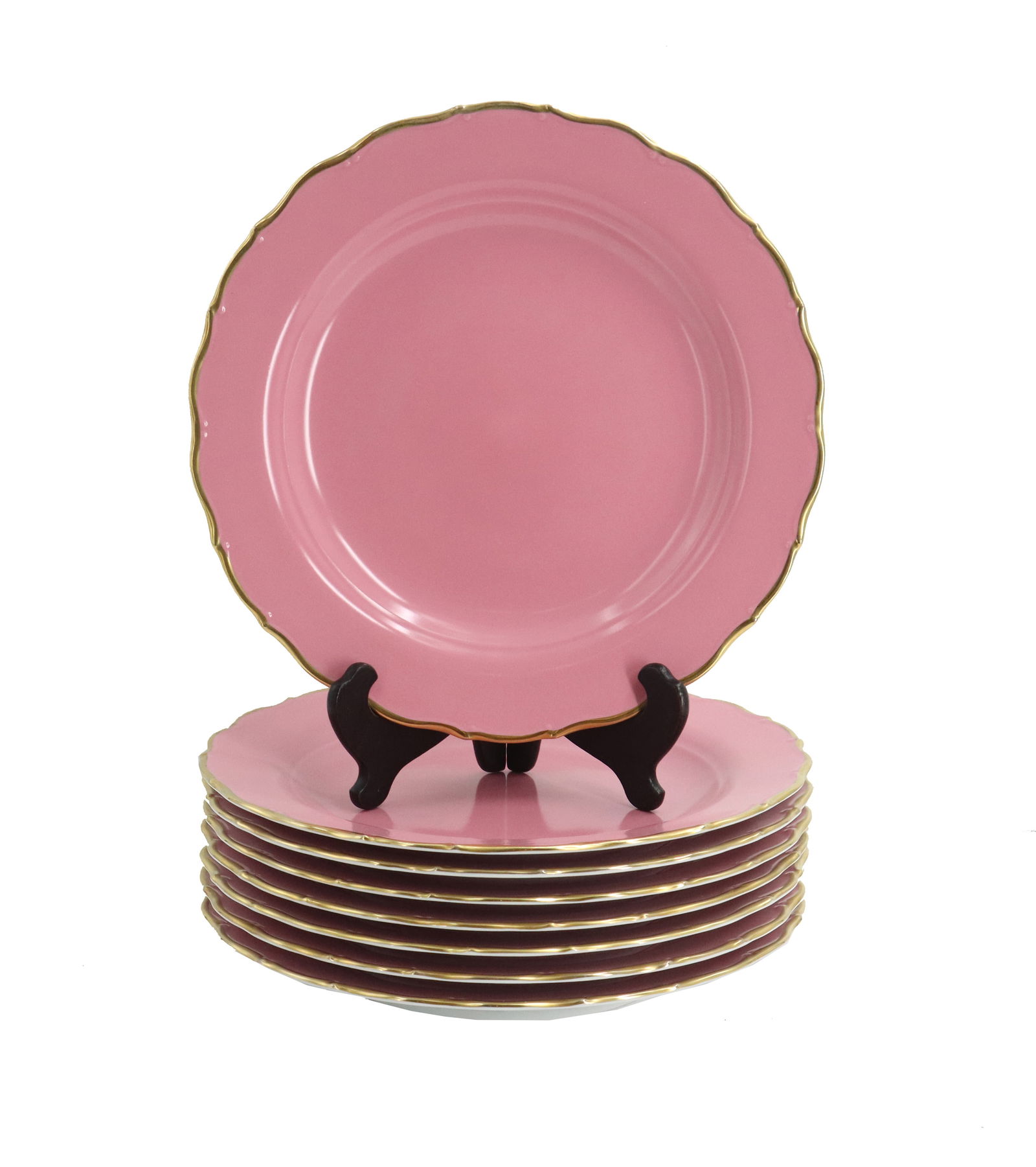 (8) Anna Weatherly Hand Painted Pink Charger Plates with Gilt Scalloped Edges: (8) Anna Weatherly Hand Painted Pink Charger Plates with Gilt Scalloped Edges. Set of eight hand-painted porcelain plates in rosy pink with scalloped edges with gilt outline. Marked on