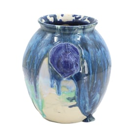 Signed Sealife Themed Drip Glaze Pottery Vase