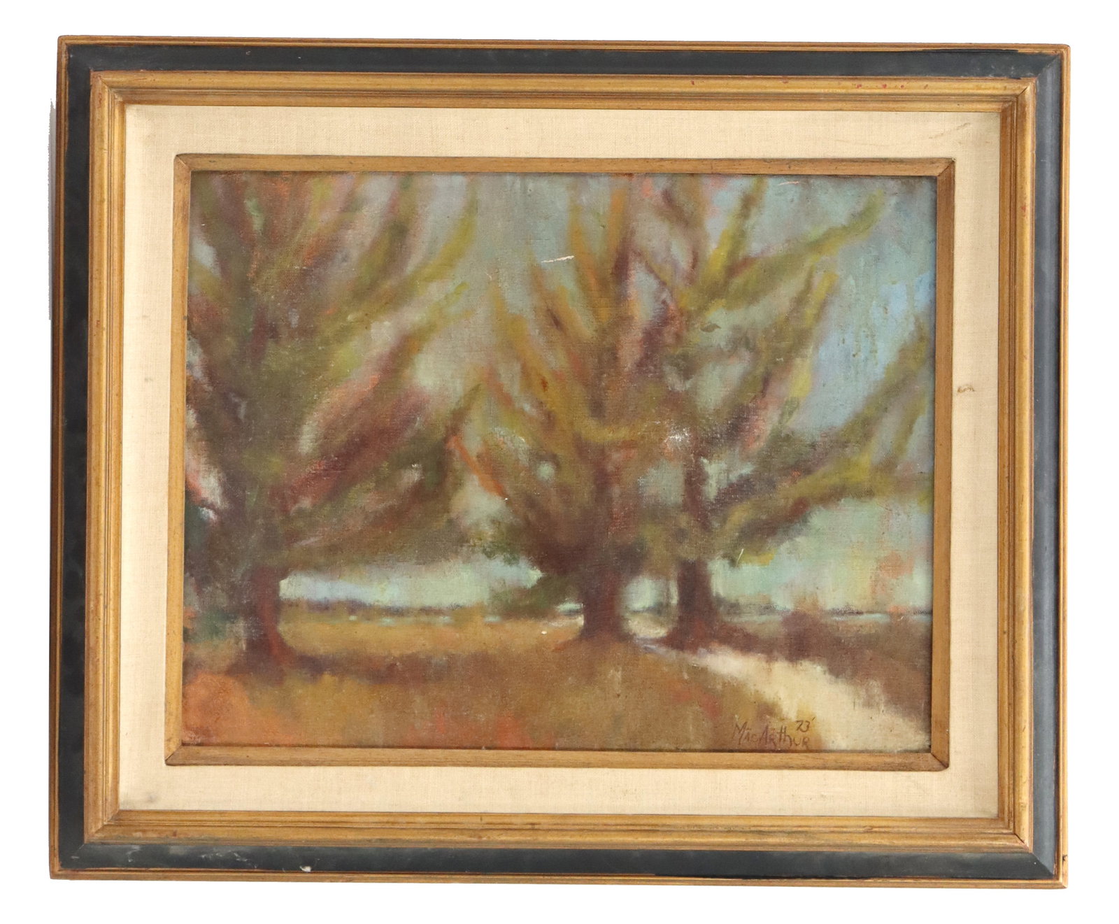 Signed MacArthur, Impressionist Landscape Oil on Canvas: Signed MacArthur, Impressionist Landscape Oil on Canvas. Signed MacArthur lower right. Dated 1973. Depicts green tress against a blue background. Framed. Condition: Signs of repair on canvas on v