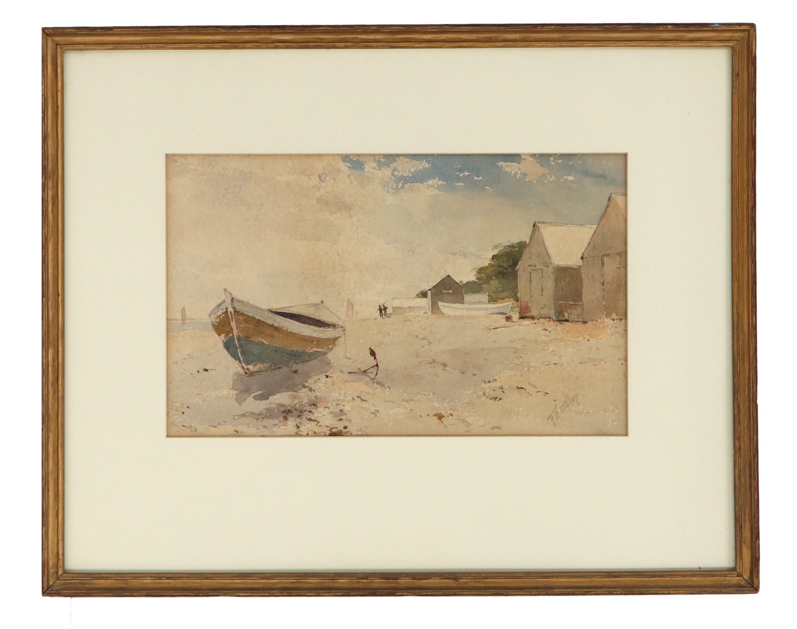 F. A. Millay (20th Century) Mixed Media/Watercolor: F. A. Millay (20th Century) Mixed Media/Watercolor. Signed lower right. Mixed media and watercolor landscape painting of a beached boat with a small village visible in the background. Framed