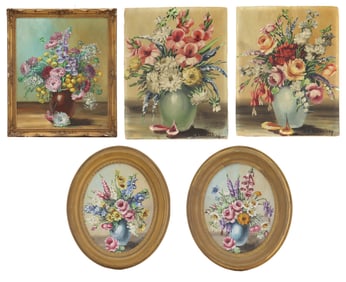 (5) Janet Greenleaf (1916-2003) American, Floral Still Life Oil on Board