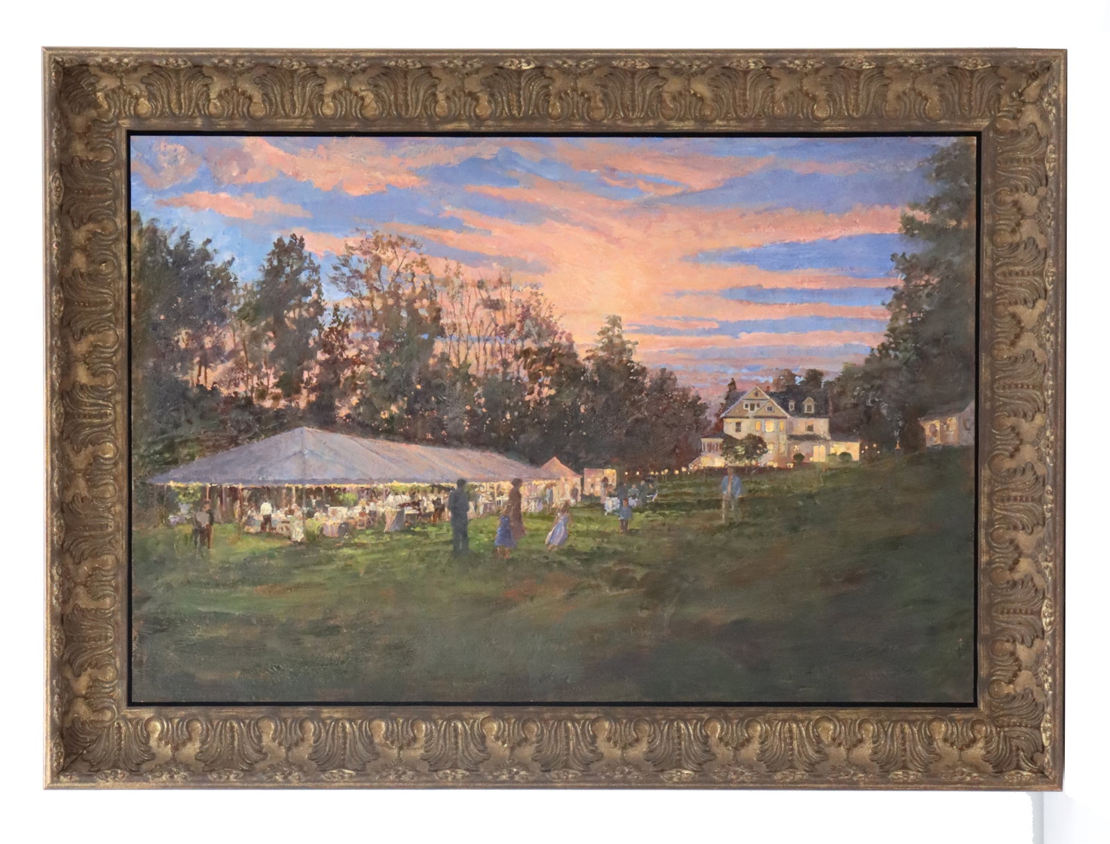 Peter Dallison (21st Century) American, Oil on Board: Peter Dallison (21st Century) American, Oil on Board. Impressionist Landscape at sunset. Atmospheric 2011 landscape painting of an outdoor function outside of a manor house in Jeffersonville, New York