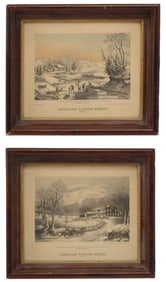 (2) Framed Diminutive Currier & Ives Hand-Colored Winter Scenes Lithographs