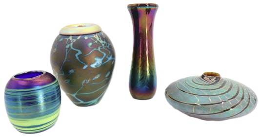 (4) Artist Signed Iridescent Studio Art Glass Pottery