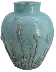 Italian Fortunata Celadon Green Glazed Earthenware Vase with Undersea Design - AS IS
