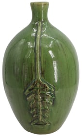 Large Asian Ceramic Green Vase with Embossed Floral Decoration