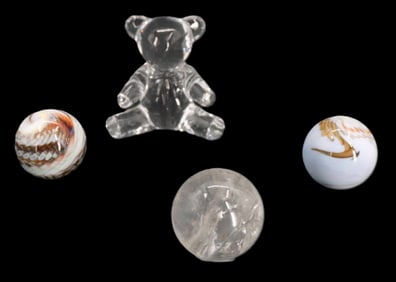 (3) Art Glass Spheres and (1) Ralph Lauren Glass Bear Figurine