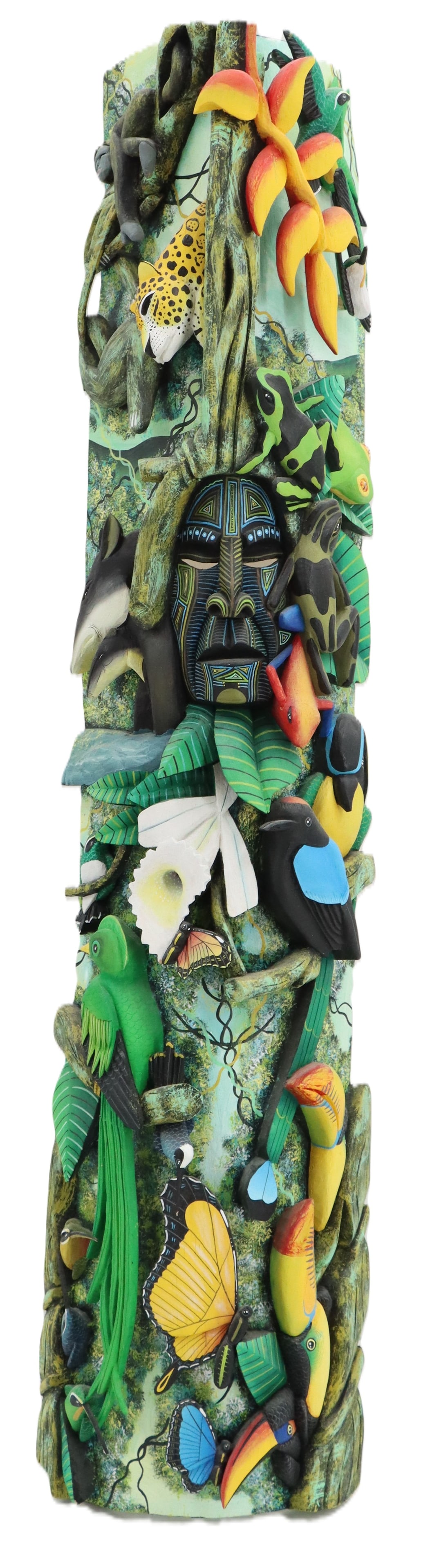 Costa Rica Hand-Carved Painted Rainforest Mask, Signed: Costa Rica Hand-Carved Painted Rainforest Mask, Signed. Vibrantly colored 'rainforest mask' hand carved and painted by Costa Rican artist Brandon Gonzalez. Beautifully decorated with vine