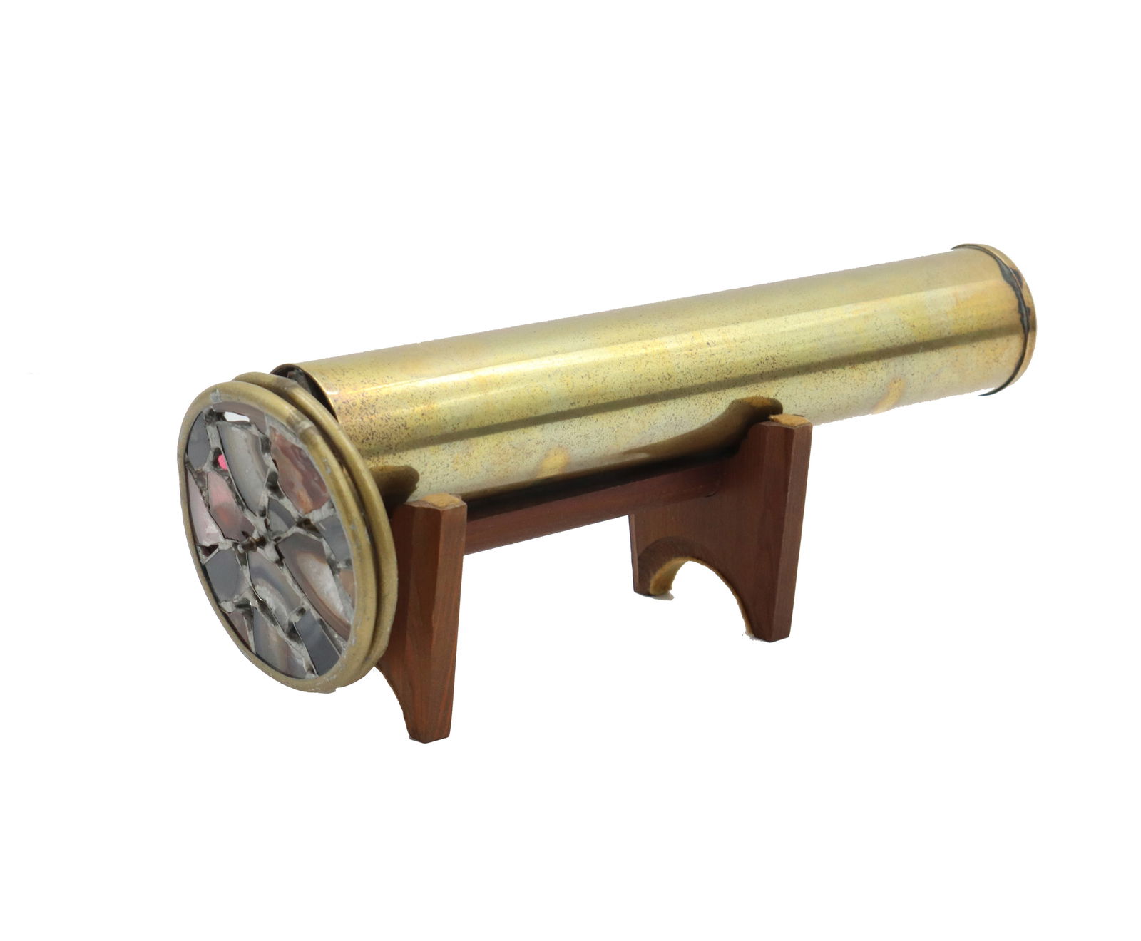 Janice Chesnik (Born 1941) American, Signed Brass Kaleidoscope on Wood Stand: Janice Chesnik (Born 1941) American, Signed Brass Kaleidoscope on Wood Stand. Janice Chesnik is a stained glass artist who devoted herself to making kaleidoscopes after first encountering them in