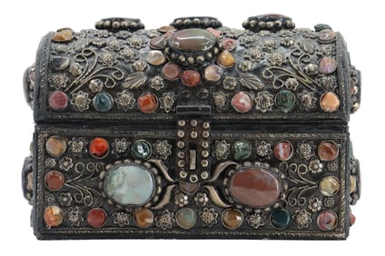 Antique Moroccan Semi-Precious Stone Inlay Black Lacquer Wooden Jewelry Box