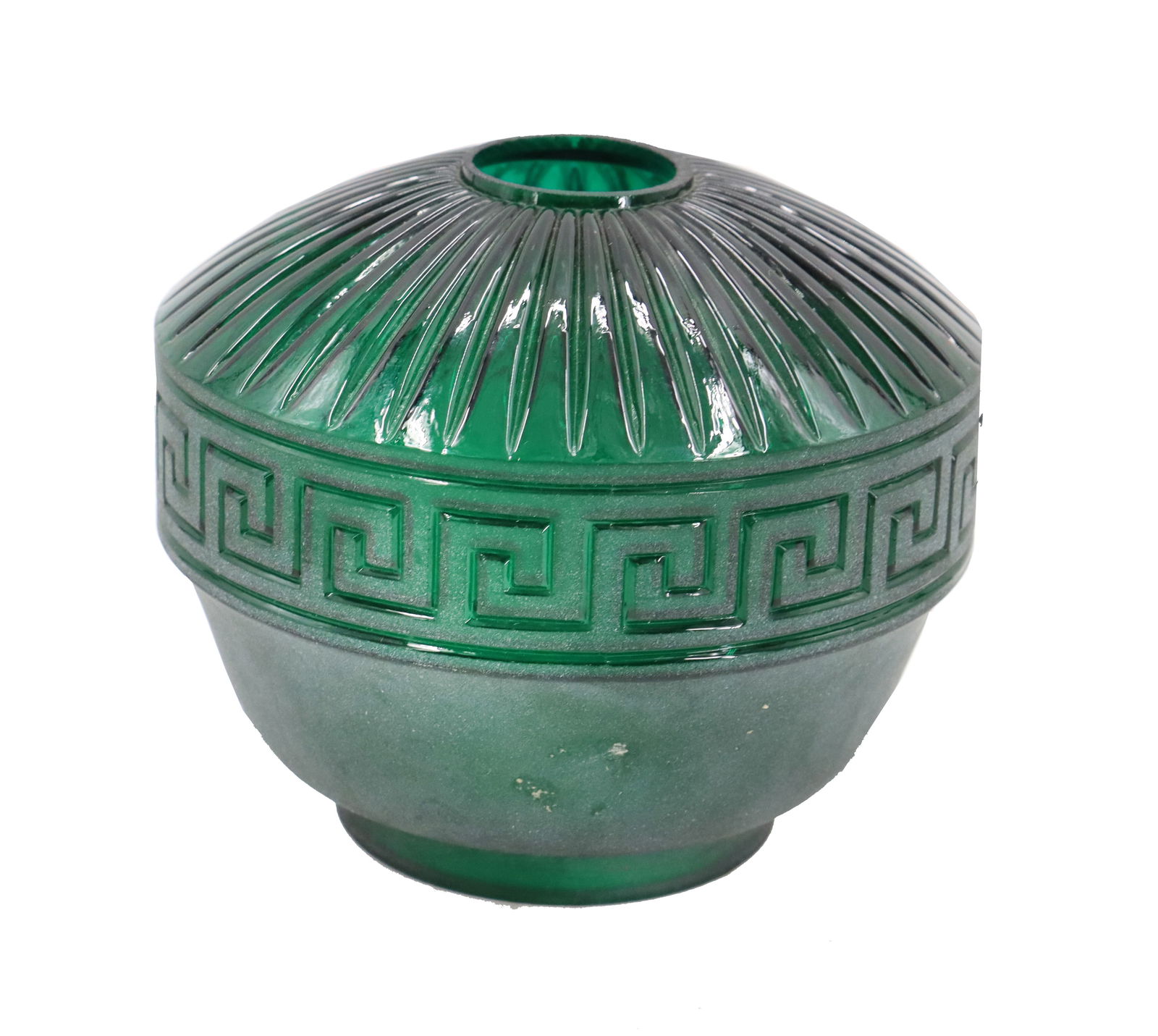 Green Art Glass Lampshade with Greek Key Design: Green Art Glass Lampshade with Greek Key Design. Striking color and Art Deco style. Condition: Minor imperfections. Size: 6 x 6 x 5 in. 