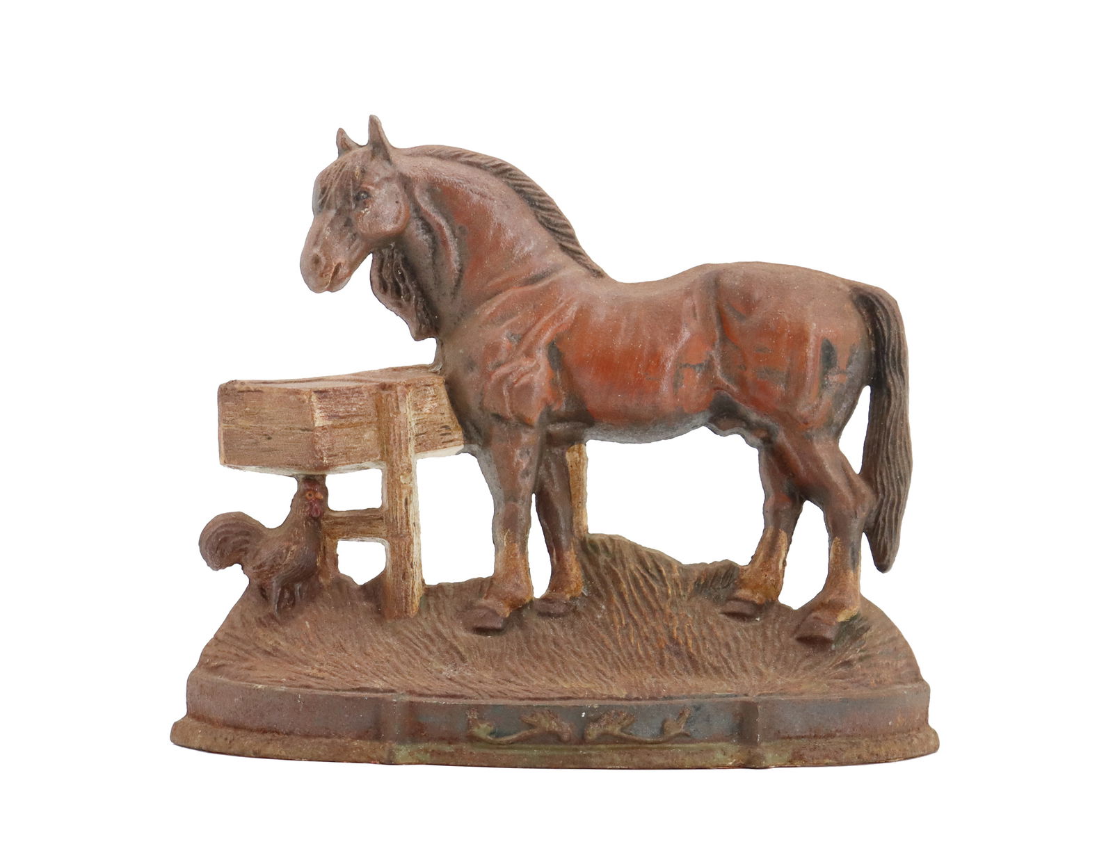 Cast Iron Barnyard Horse Doorstop: Cast Iron Barnyard Horse Doorstop. Cast iron doorstop of a horse at trough, accompanied by a barnyard chicken. Condition: Commensurate with age. Size: 9 1/2 x 12 x 4 in. Cast iron doorstops, pop