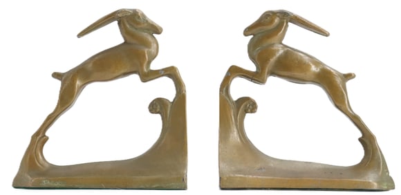 (2) Vintage Art Deco Leaping Gazelle Bronze Bookends