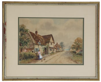 Framed Watercolor of English Rustic Village Scene