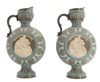 Pair of Highly Stylized German Relief Decorative Ceramic Vessels