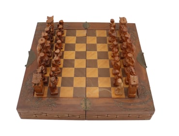 Vintage Chinese Hand Carved Wood Chess Set