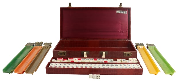 Vintage 1960s Alligator Skin Mahjong Set with Bakelite Racks, Dice, and Tiles