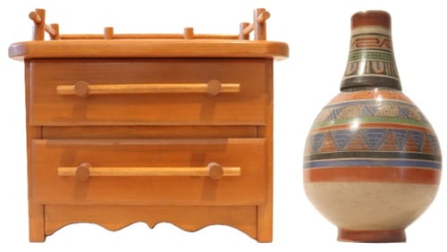 Mexican Jalisco Tonala Pottery Ceramic Vessel with Cup and Miniature Display Dresser