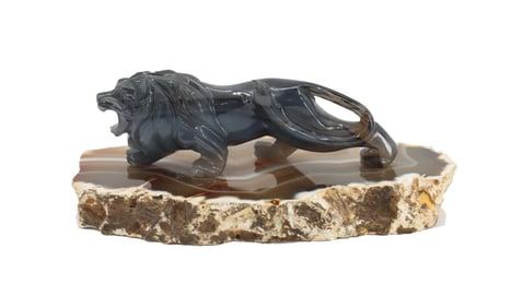Black Agate Carved Lion Attached to Striped Agate Base