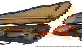 Komaromy Sandor (1889-1950) Hungarian, Antique Violin with Original Case and Bow: Komaromy Sandor (1889-1950) Hungarian, Antique Violin with Original Case and Bow. Label on inside of case. Case Size: 27 1/2 x 9 x 4 in. Komáromy Sándor was born in Abon