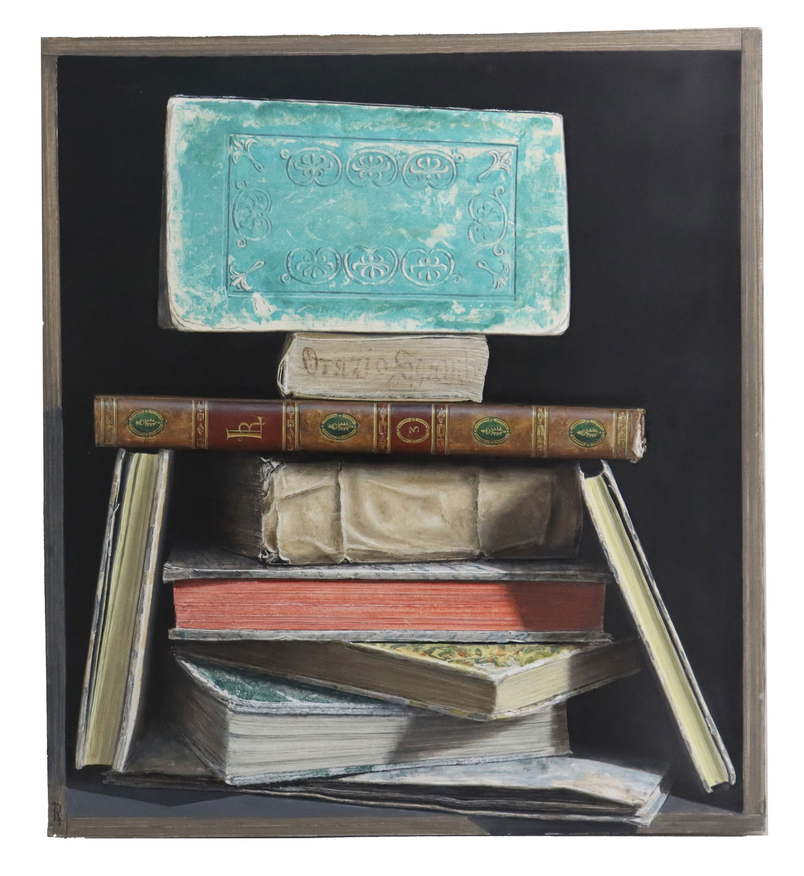 Loredano Rizzotti (Born 1947) Italian, Oil on Canvas, Still Life of Books "Generals" (1 of 13)