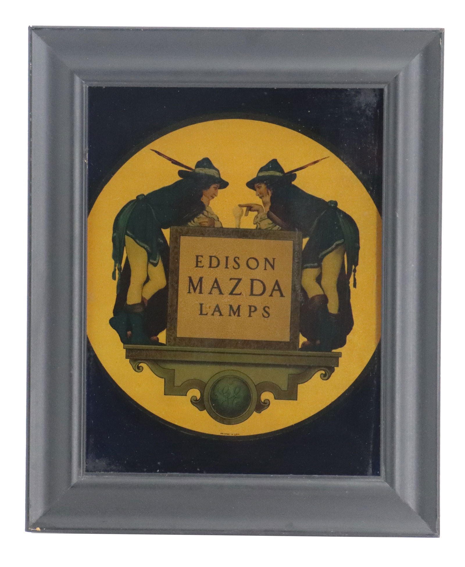 Maxfield Parrish Designed Mazda Lamps Advertising on Glass: Maxfield Parrish Designed Mazda Lamps Advertising on Glass. Framed. In the 1920's Maxfield Parrish painted images for use in General Electric Advertising. Overall Size: 14 x 11 1/2 in