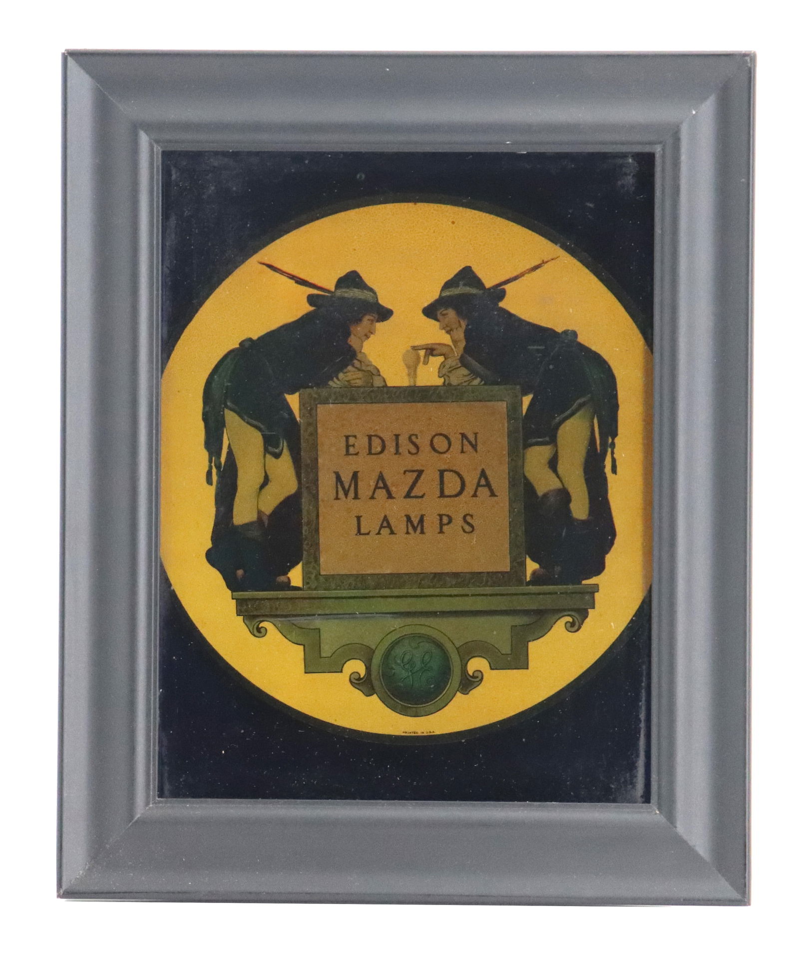 Maxfield Parrish Designed Mazda Lamps Advertising on Glass: Maxfield Parrish Designed Mazda Lamps Advertising on Glass. Framed. In the 1920's Maxfield Parrish painted images for use in General Electric Advertising. Overall Size: 14 x 11 1/2 in