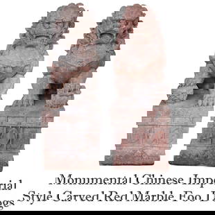 (2) Monumental Chinese Imperial Style Carved Red Marble Foo Dogs / Qilin Dragons: (2) Monumental Chinese Imperial Style Carved Red Marble Foo Dogs / Qilin Dragons. Pair of massive carved red marble foo dogs, displaying a robust, stylized form with a fierce expression, intricate